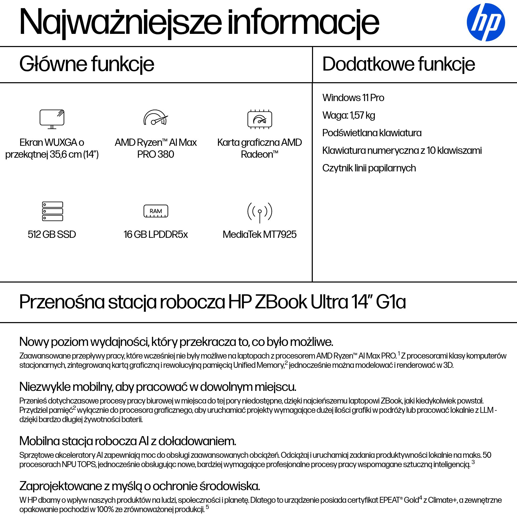 HP ZBook Ultra G1a Copilot+ PC AMD Ryzen AI Max PRO 380 Mobilna stacja robocza 35,6 cm (14") WUXGA 16 GB LPDDR5x-SDRAM 512 GB SSD Wi-Fi 7 (802.11be) Windows 11 Pro AI Workstation, AI PC Srebrny - obrazek 4