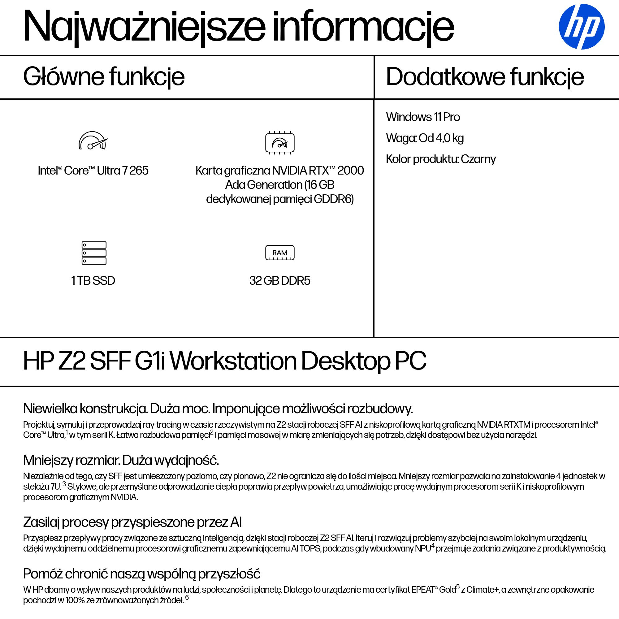 HP Z2 SFF G1i Intel Core Ultra 7 265 32 GB DDR5-SDRAM 1 TB SSD NVIDIA RTX 2000 Ada Windows 11 Pro Stanowisko AI Workstation, AI PC Czarny - obrazek 3