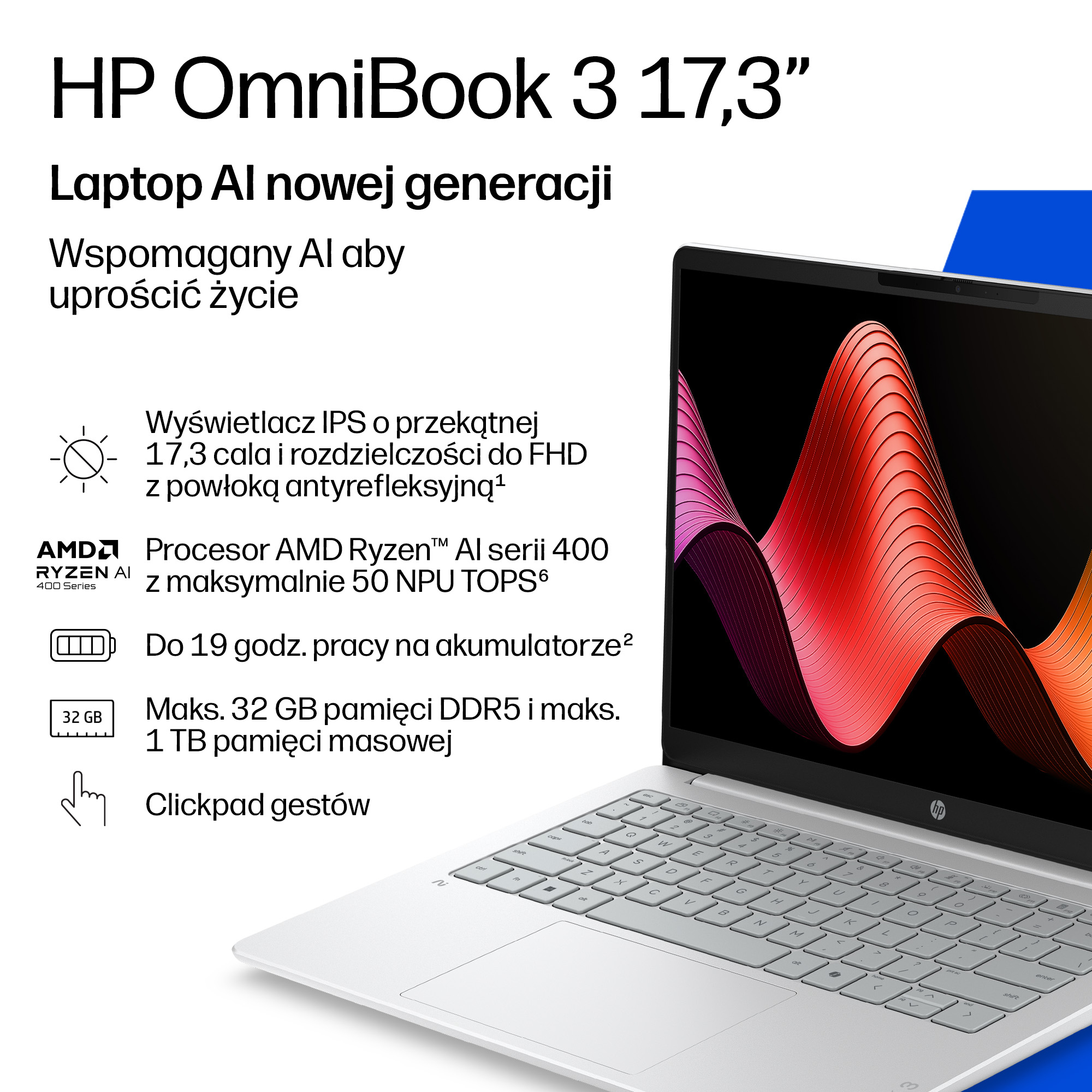 HP OmniBook 3 Laptop Next Gen AI 17-dm0001nwx Copilot+ PC AMD Ryzen AI 7 445 43,9 cm (17.3") Full HD 16 GB DDR5-SDRAM 512 GB SSD Wi-Fi 7 (802.11be) Windows 11 Pro Szary, Srebrny - obrazek 2
