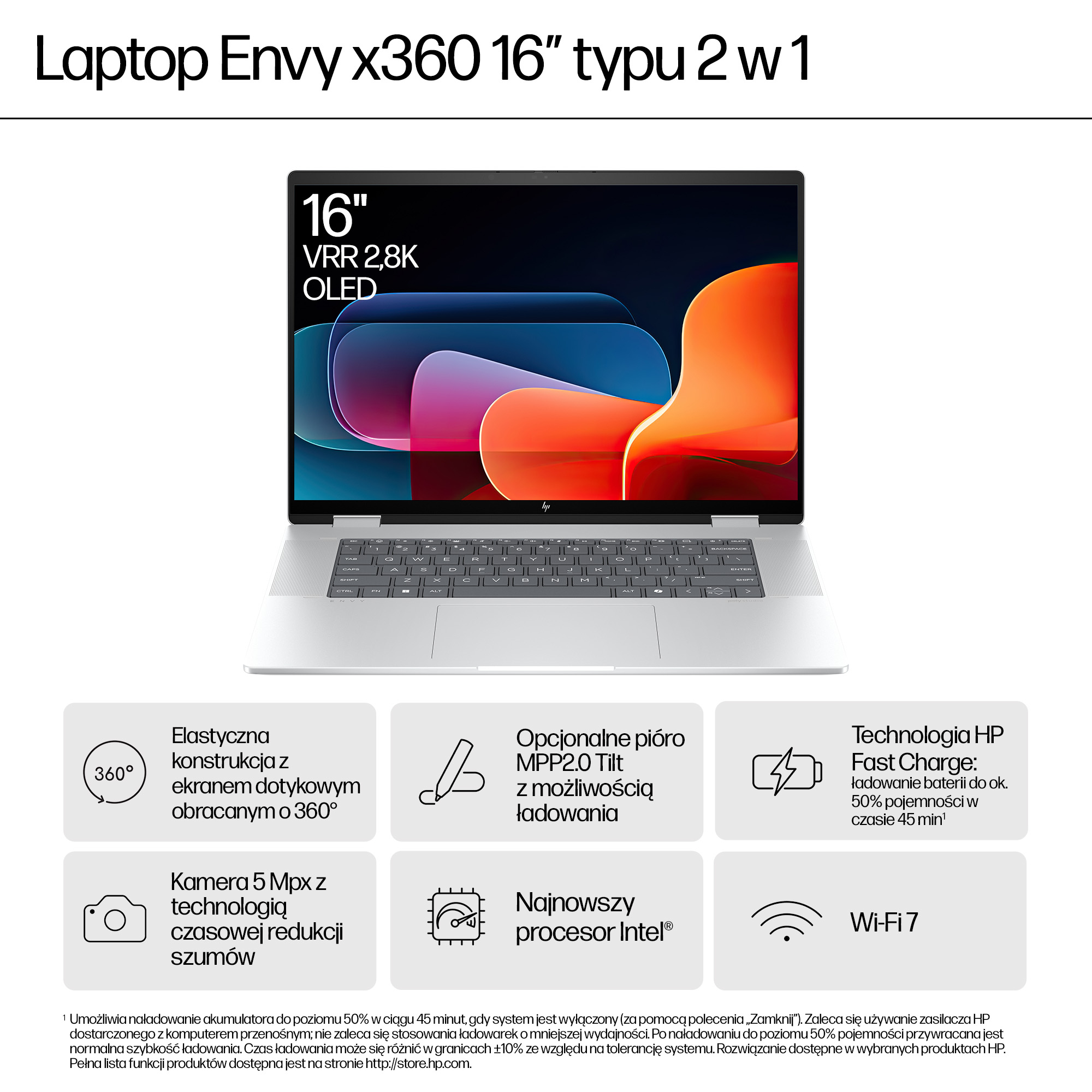 HP ENVY x360 16-ac0048nw Intel Core Ultra 5 125U Hybryda (2w1) 40,6 cm (16") Ekran dotykowy 2K 16 GB LPDDR5-SDRAM 512 GB SSD Wi-Fi 7 (802.11be) Windows 11 Home AI PC Srebrny - obrazek 5