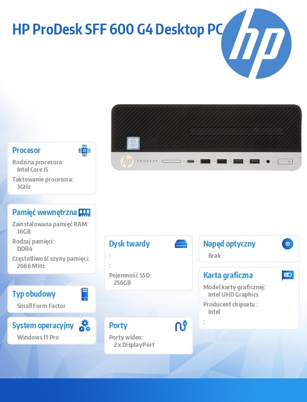 Komputer poleasingowy ProDesk 600 G4 SFF Core i5 8500 (8-gen.) 3,0 GHz / 16 GB / SSD 256GB NVME / Win 11 Prof. - obrazek 3