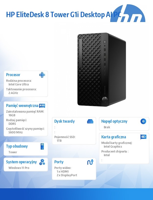 HP EliteDesk 8 TWR G1i Intel Core Ultra 7 265 16GB/1TB W11P komputer stacjonarny tower PC - obrazek 2