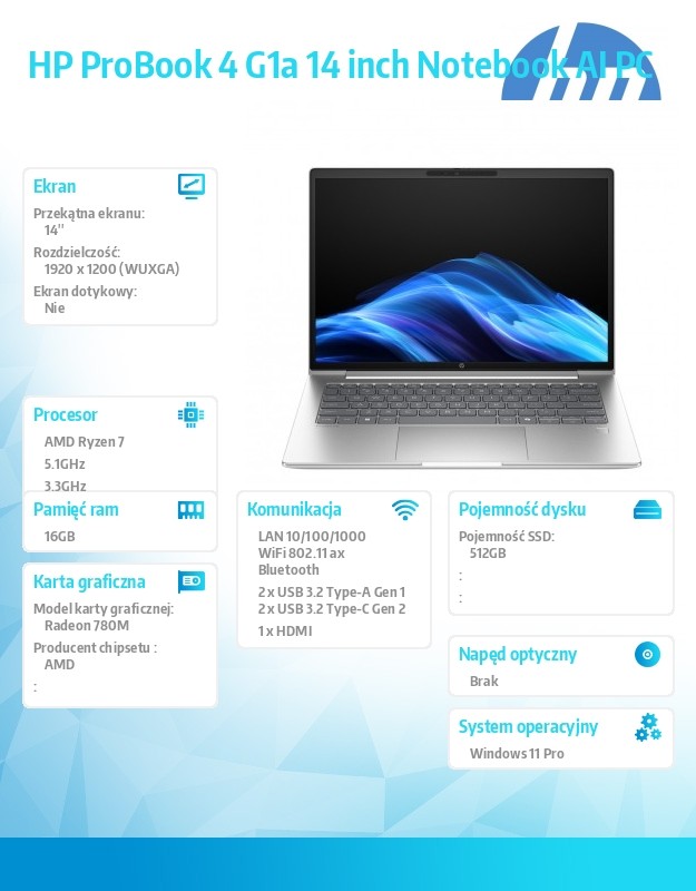 HP ProBook 4 G1a 14 AMD Ryzen 7 250 14inch WUXGA 16GB 512GB SSD ax6G+BT 3C Batt FPS UMA W11P 1YW - obrazek 4