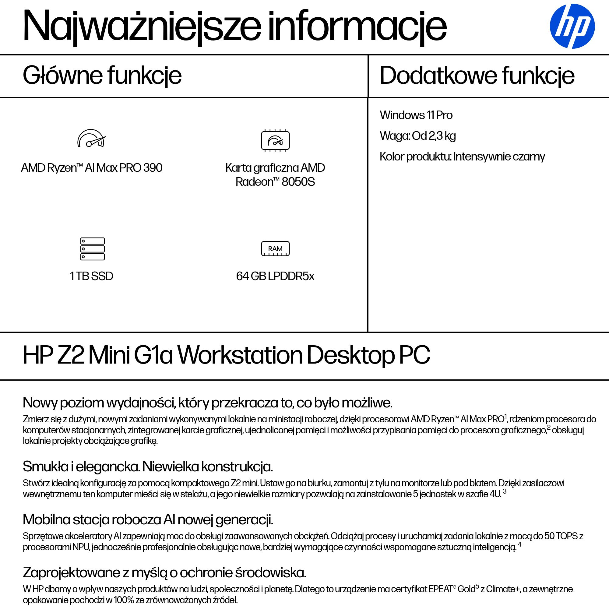 HP Z2 G1a Copilot+ PC AMD Ryzen AI Max PRO 390 64 GB LPDDR5x-SDRAM 1 TB SSD Windows 11 Pro Mini PC Stanowisko AI Workstation, AI PC Czarny - obrazek 3