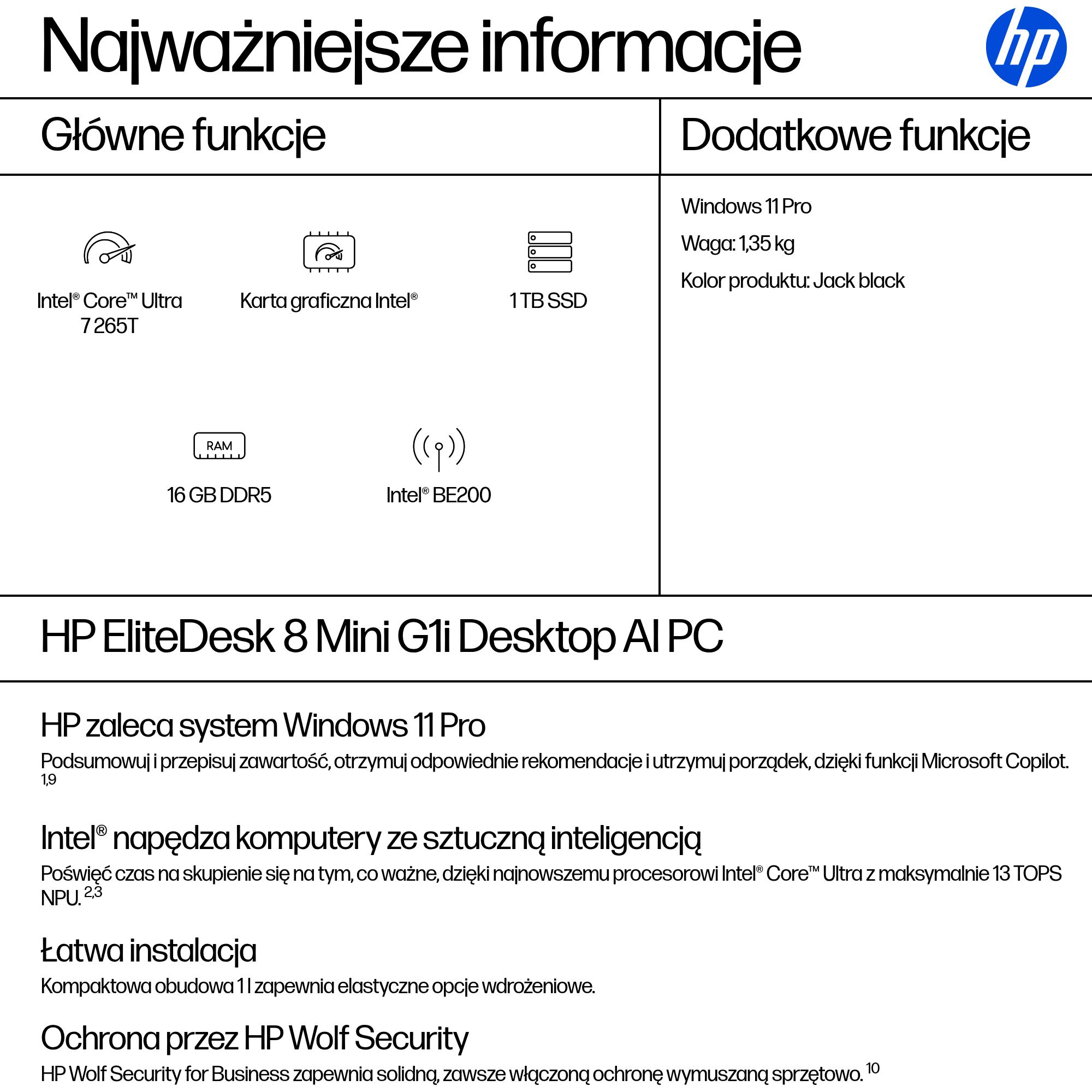 HP EliteDesk 8 Mini G1i AI Intel Core Ultra 7 265T 16 GB DDR5-SDRAM 1 TB SSD Windows 11 Pro Mini PC AI PC Czarny - obrazek 3
