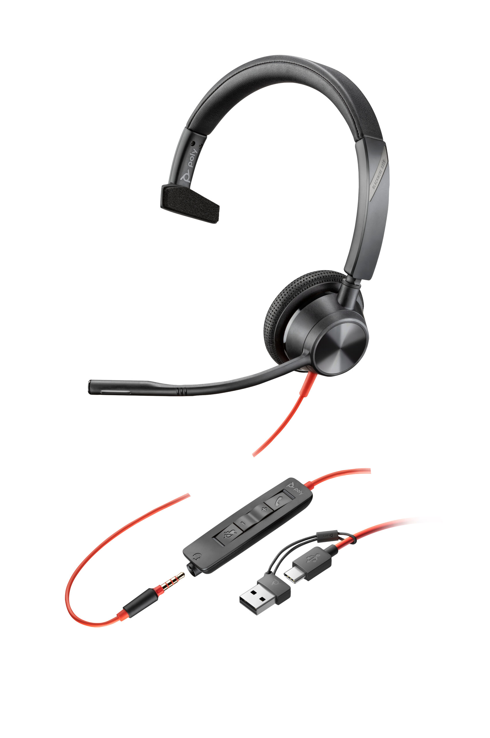 HP Poly Blackwire 3315 Monaural USB-C Headset +3.5mm Plug +USB-C/A Adapter - obrazek 4