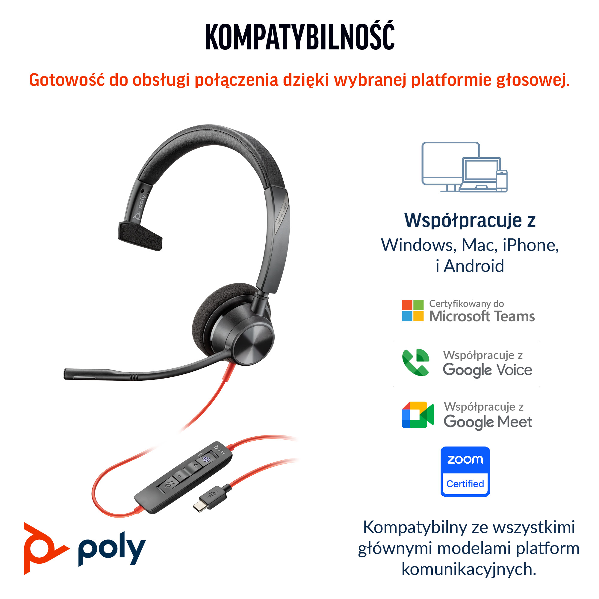 HP Poly Zestaw słuchawkowy Poly Blackwire 3310 z certyfikatem Microsoft Teams +USB-C/A Adapter TAA - obrazek 3