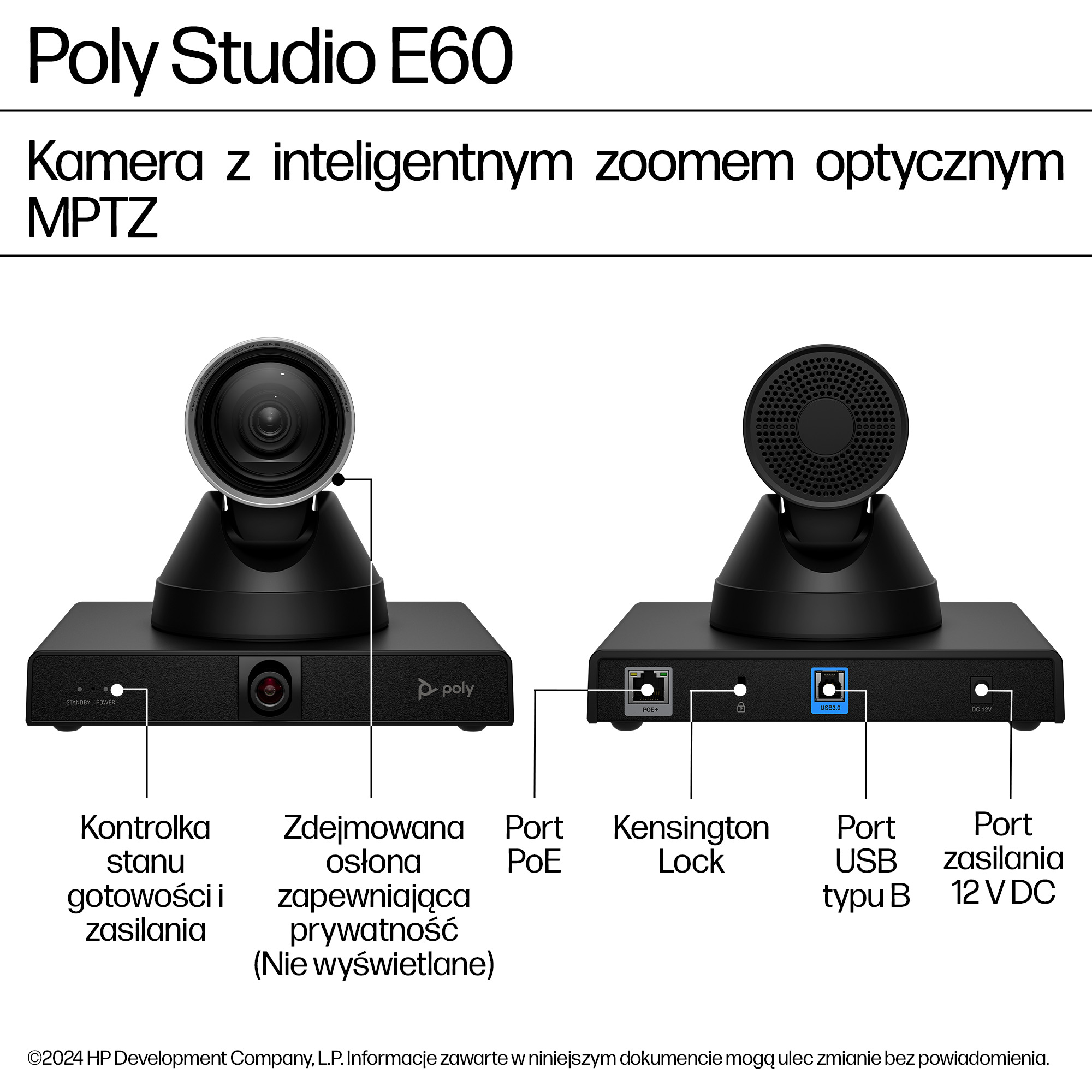 HP Poly Studio E60 Smart Camera 4K/MPTZ z 12x zoomem optycznym - obrazek 4