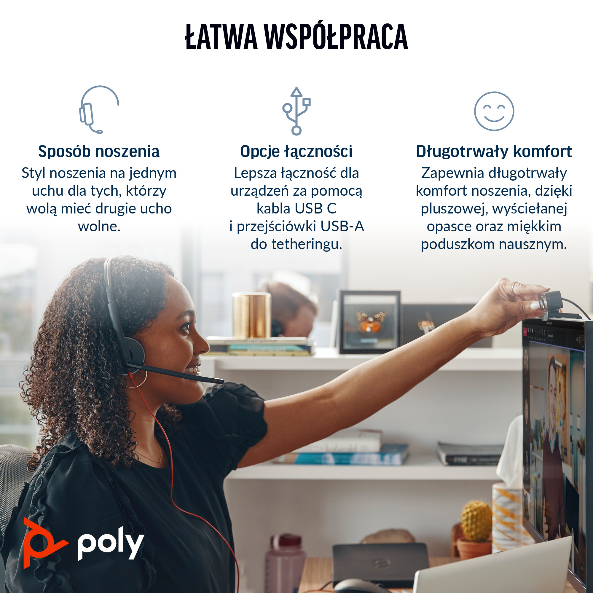 HP Poly Zestaw słuchawkowy Poly Blackwire 3310 z certyfikatem Microsoft Teams +USB-C/A Adapter TAA - obrazek 2