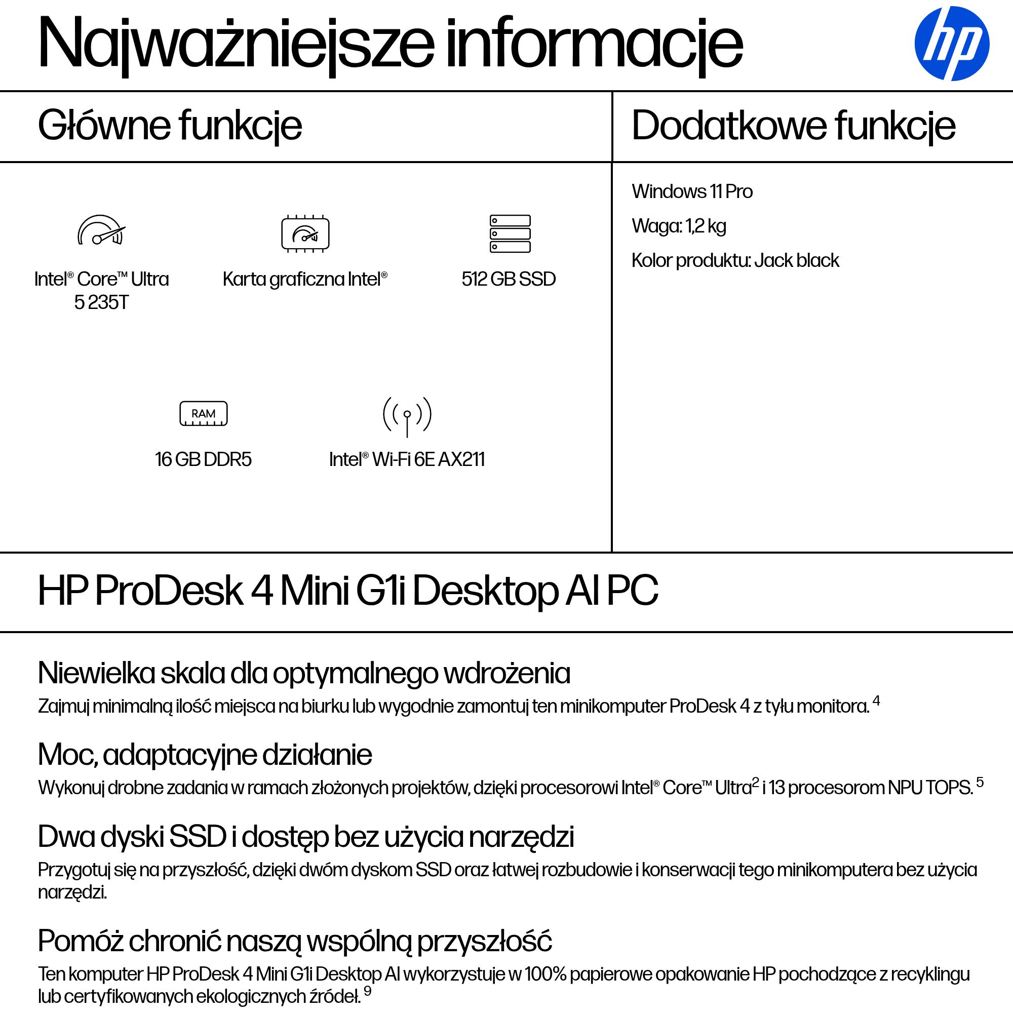 HP ProDesk 4 Mini G1i AI Intel Core Ultra 5 235T 16 GB DDR5-SDRAM 512 GB SSD Windows 11 Pro Mini PC AI PC Czarny - obrazek 3