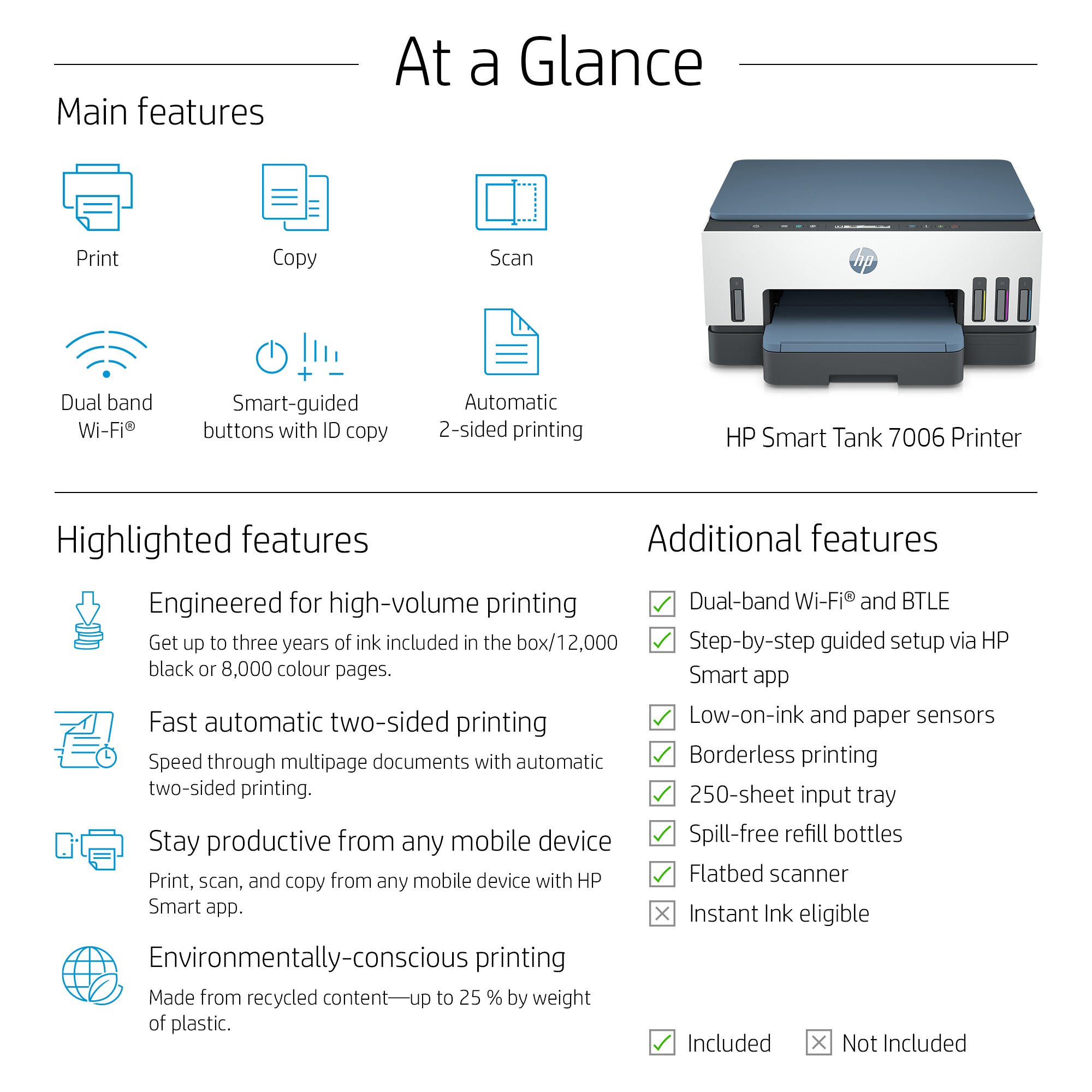 HP Smart Tank 7006 Wireless All-in-One Color Printer, Two-sided printing; Copier, Scanner - obrazek 3