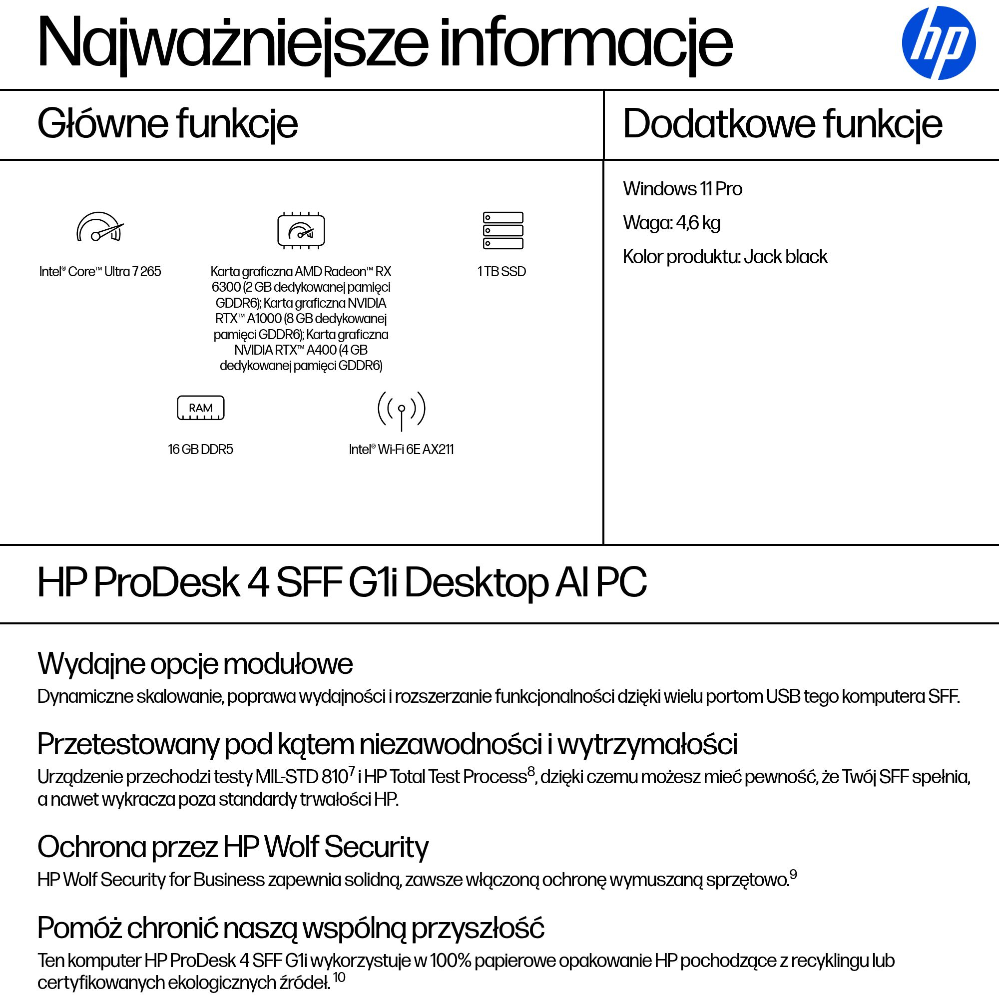 Komputer stacjonarny HP ProDesk 4 SFF G1i (Intel Core Ultra 7 265, 16 GB RAM, 1 TB SSD, Windows 11 Pro) - obrazek 3