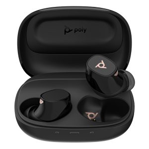 Czarne słuchawki douszne Poly Voyager Free 20 + podstawowe etui z ładowarką